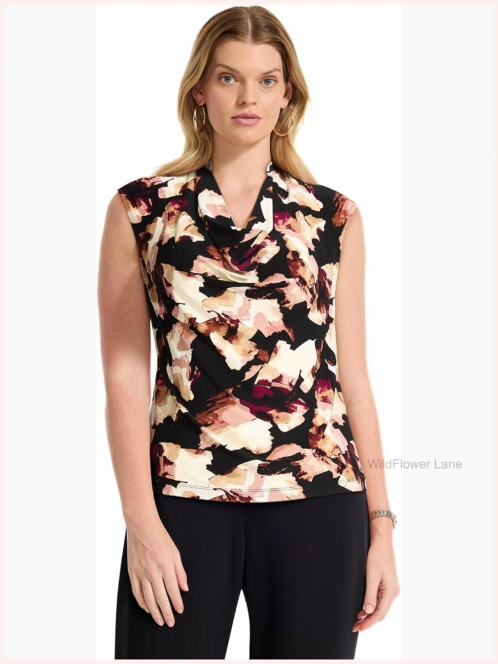 Sleeveless Pleat Neck Printed Top - Business Casual Tank Blouse
